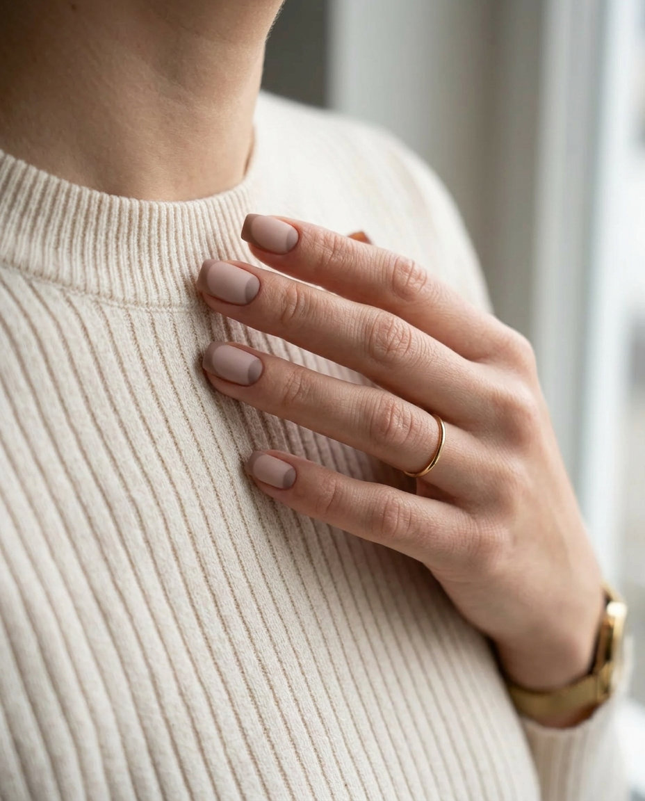 Understated Reverse French nails: matte nude with darker cuticle accent. Minimalist June nails ideas 2026.
