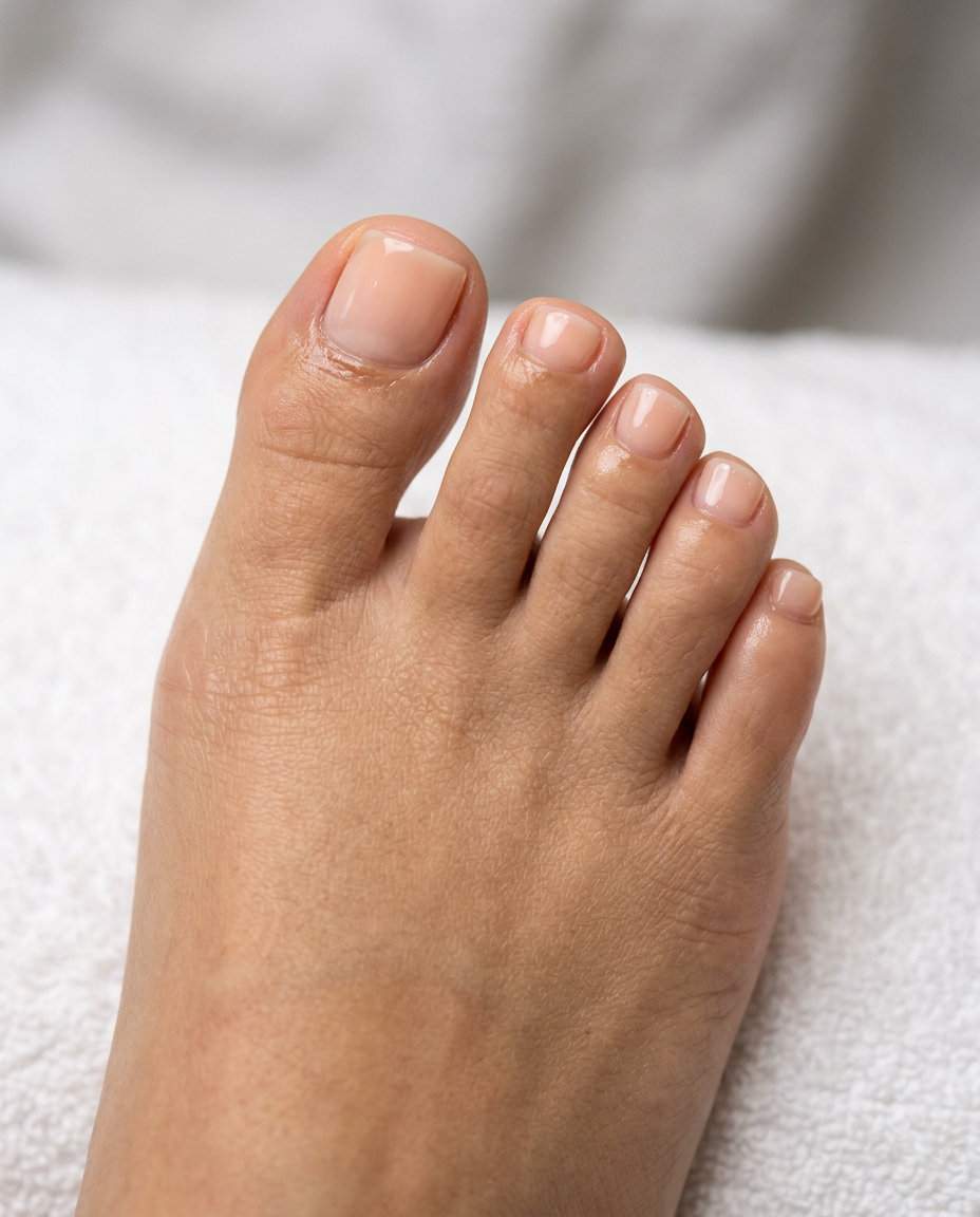 Sheer peach milky gloss toe nails for summer weddings 2026. Elegant, subtle look.