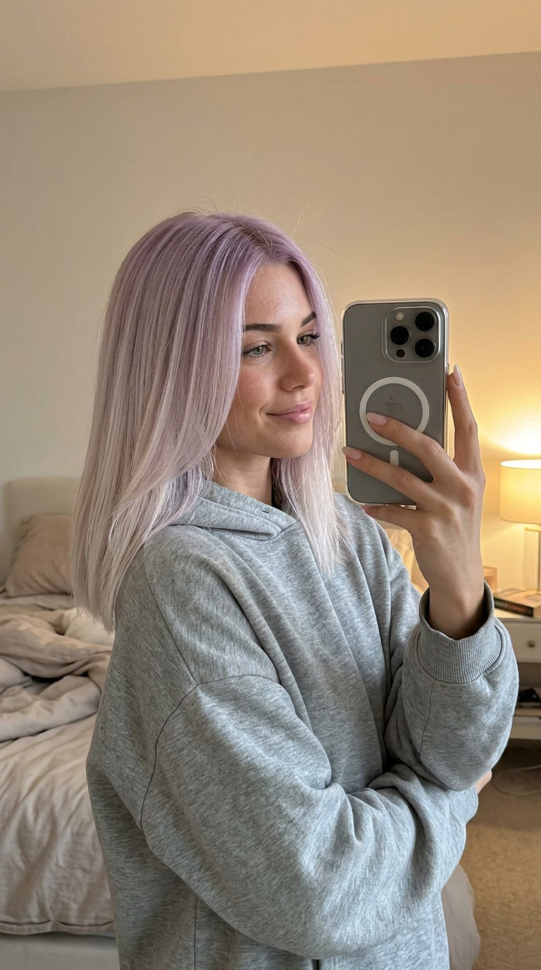 medium blunt rich summer ombre hair color 2026 with pastel lavender to platinum, ethereal mood
