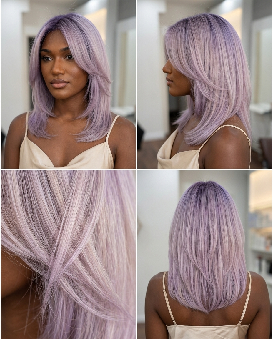 shoulder-length kitty cut in muted lavender with violet root smudge, face-framing layers for summer