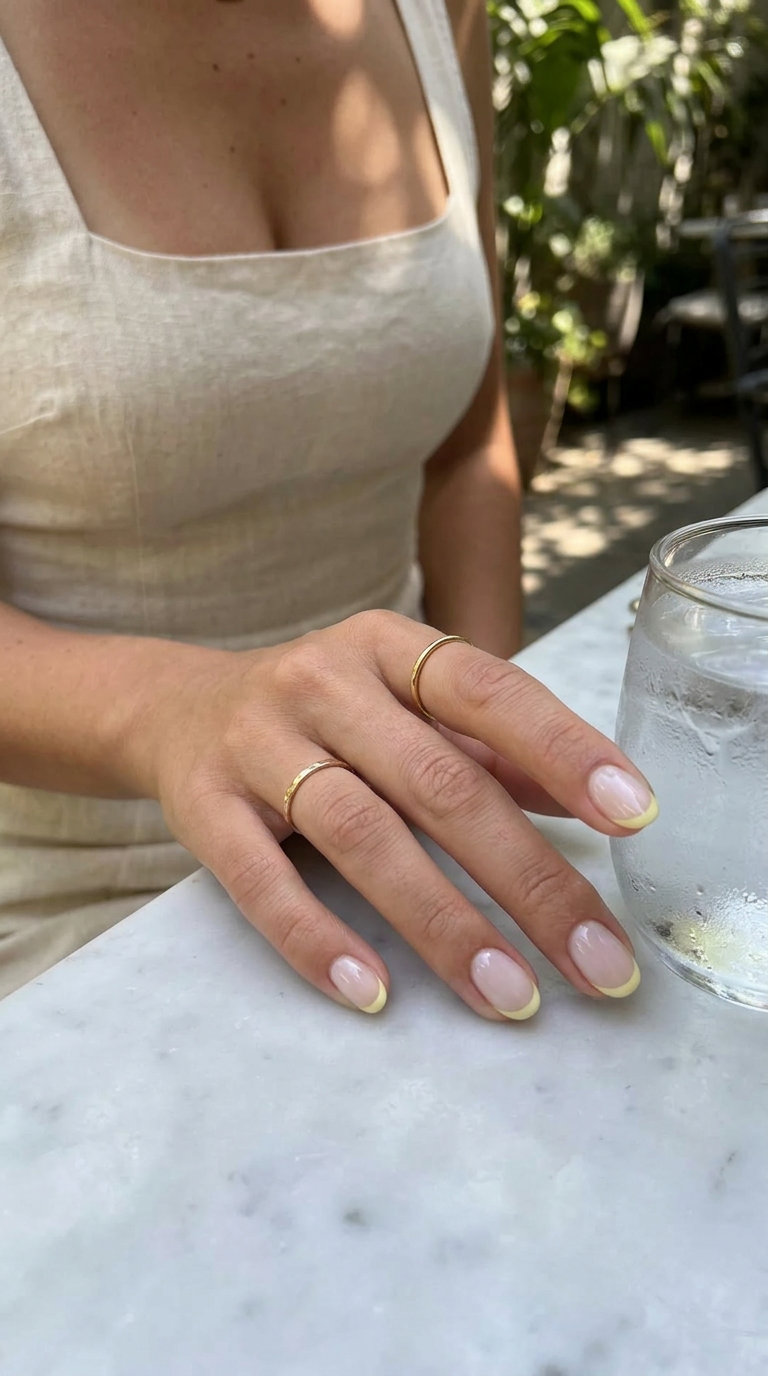 Lemon Zest Micro French summer dip nails 2026: sheer milky nude base with a delicate pale yellow tip on short square nails.