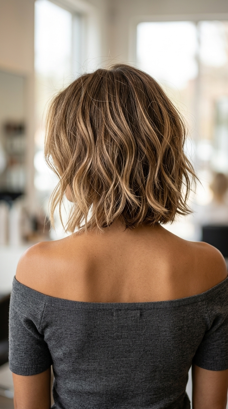 Textured Summer Italian Bob 2026 short italian bob haircut with light brown & sandy highlights, textured layers, playful mood