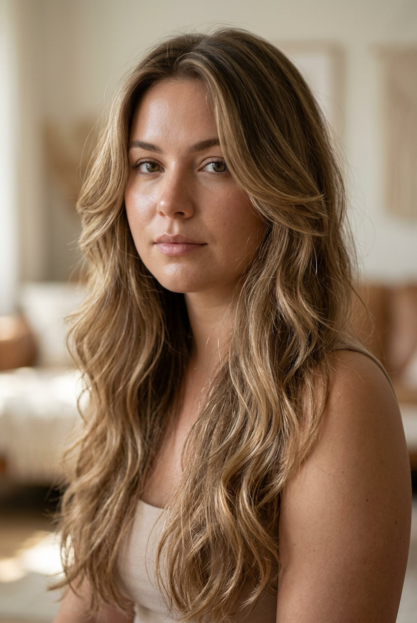 waist-length light brown haircut with wispy XL layers and face-framing pieces for bohemian style