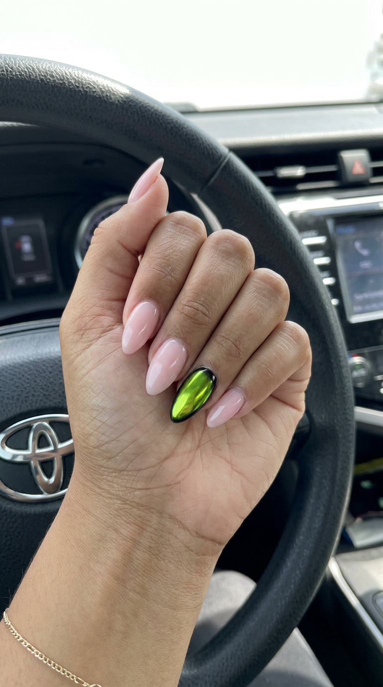 Lime green chrome accent dip nails 2026: edgy, trendy, playful for festivals, parties, night outs.