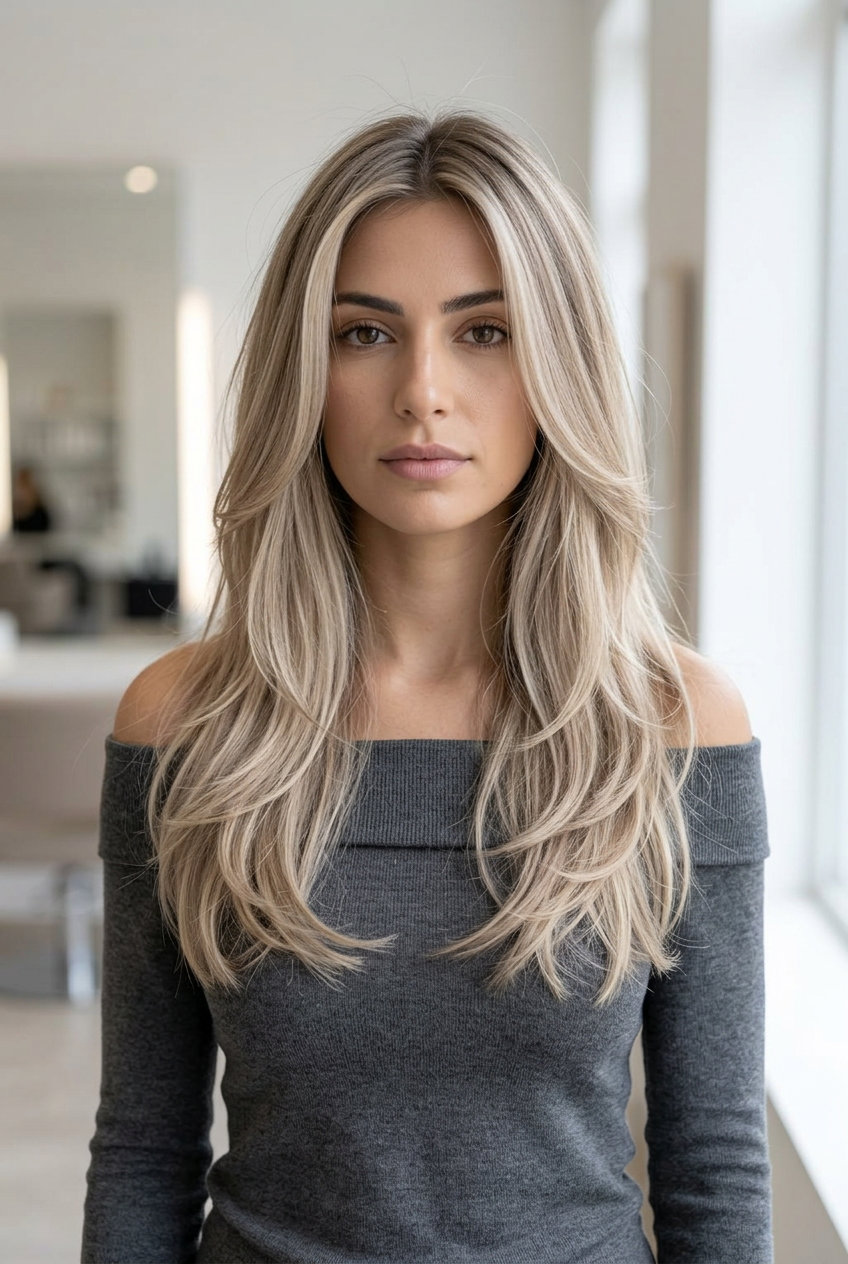 cool beige blonde hair color with ash-neutral highlights, soft root smudge for summer 2026
