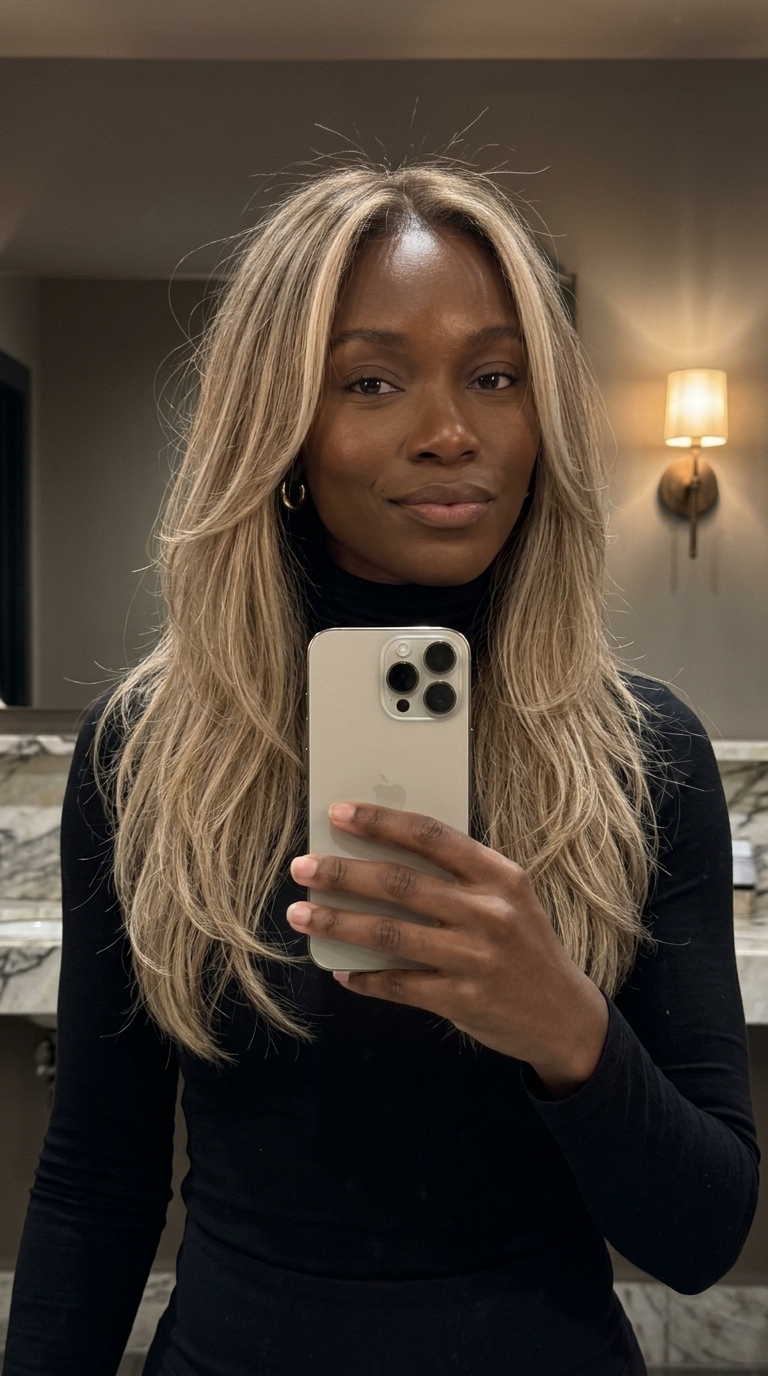 long haircut with face-framing pieces in linen blonde balayage, effortless tousled look for daily wear