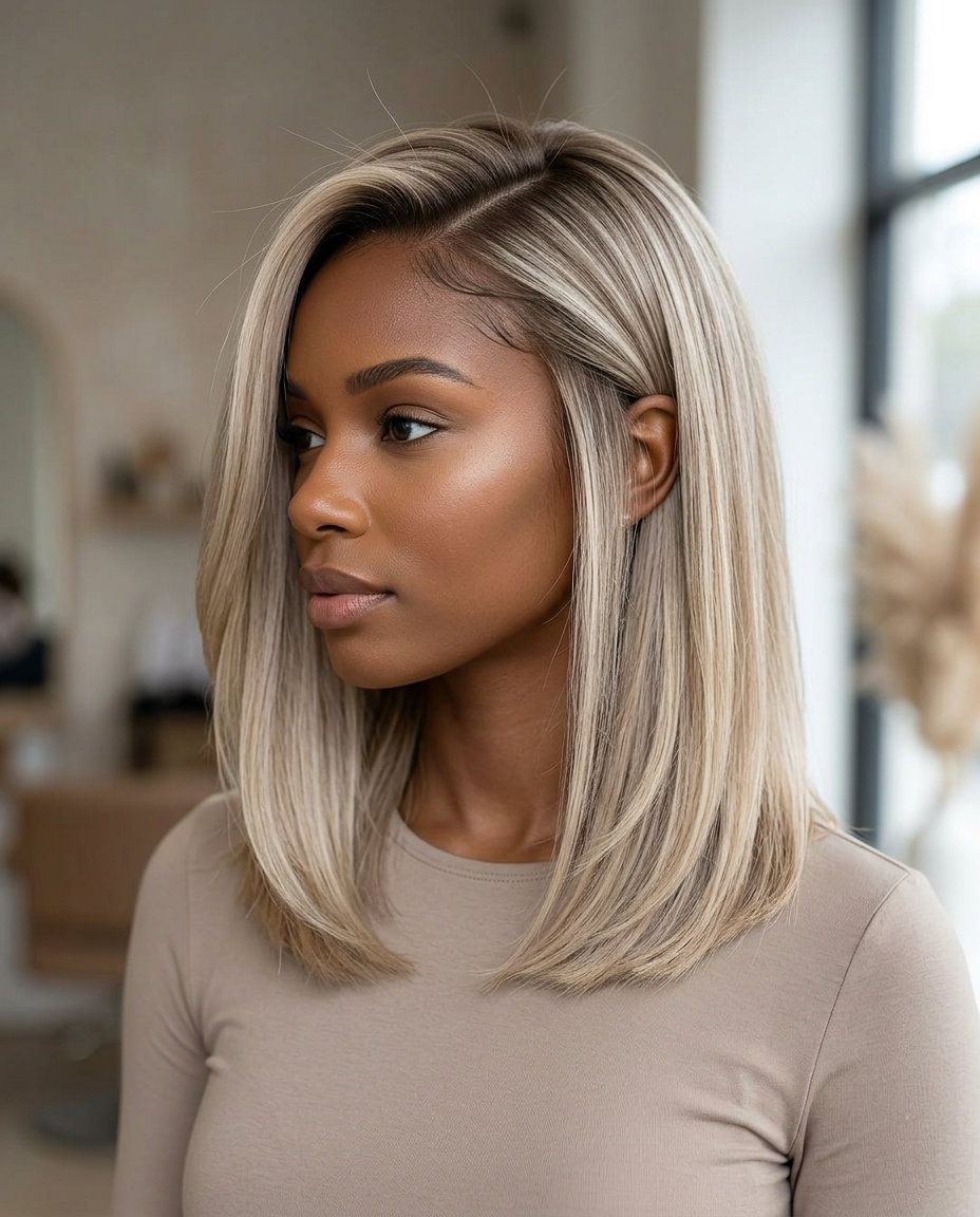 below-collarbone linen blonde lob haircut with subtle A-line and deep side part for sophistication