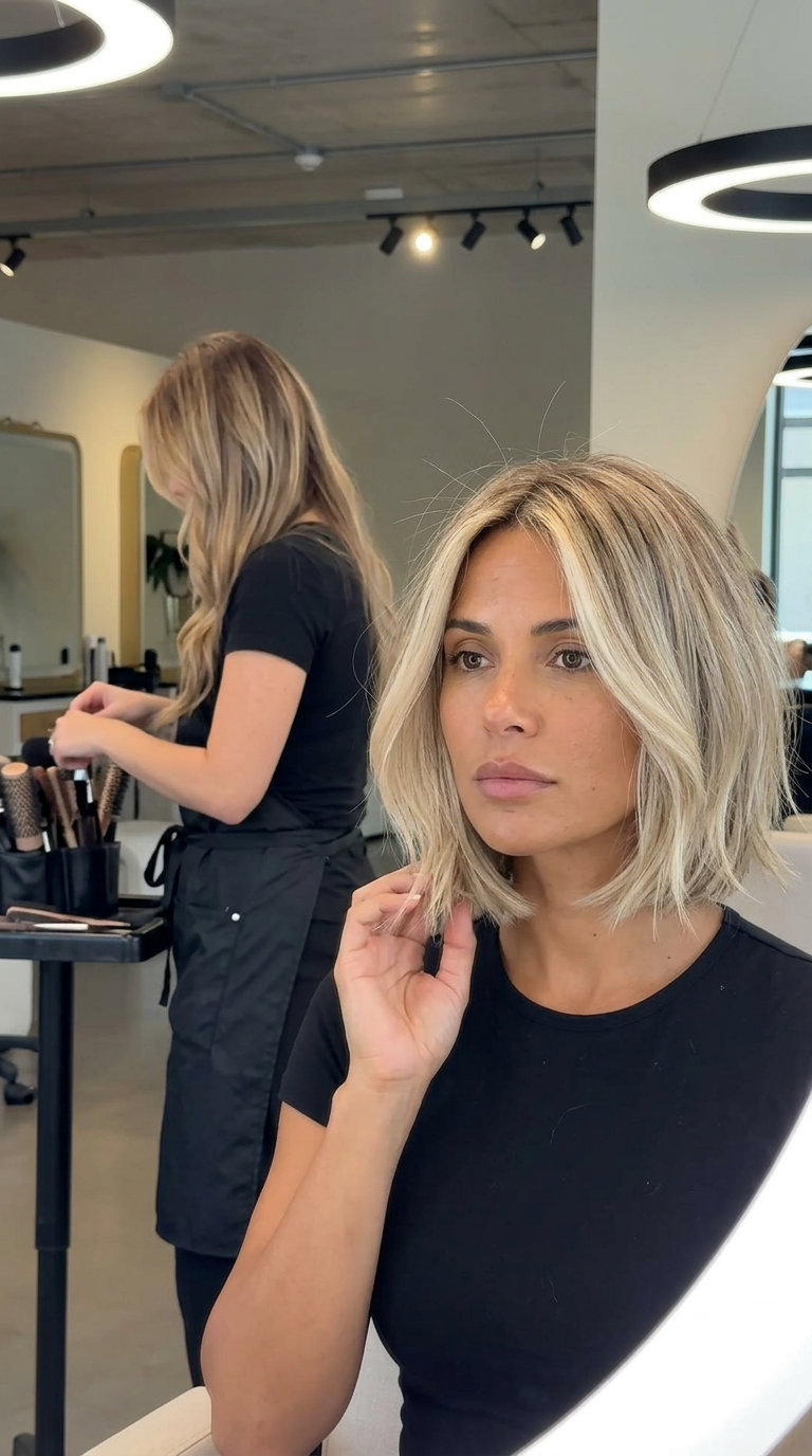 Sun-Kissed Tousled Bob 2026 chin-length bob haircut with linen blonde, ash babylights, warm face-frame, wispy bangs — playful beach vacation