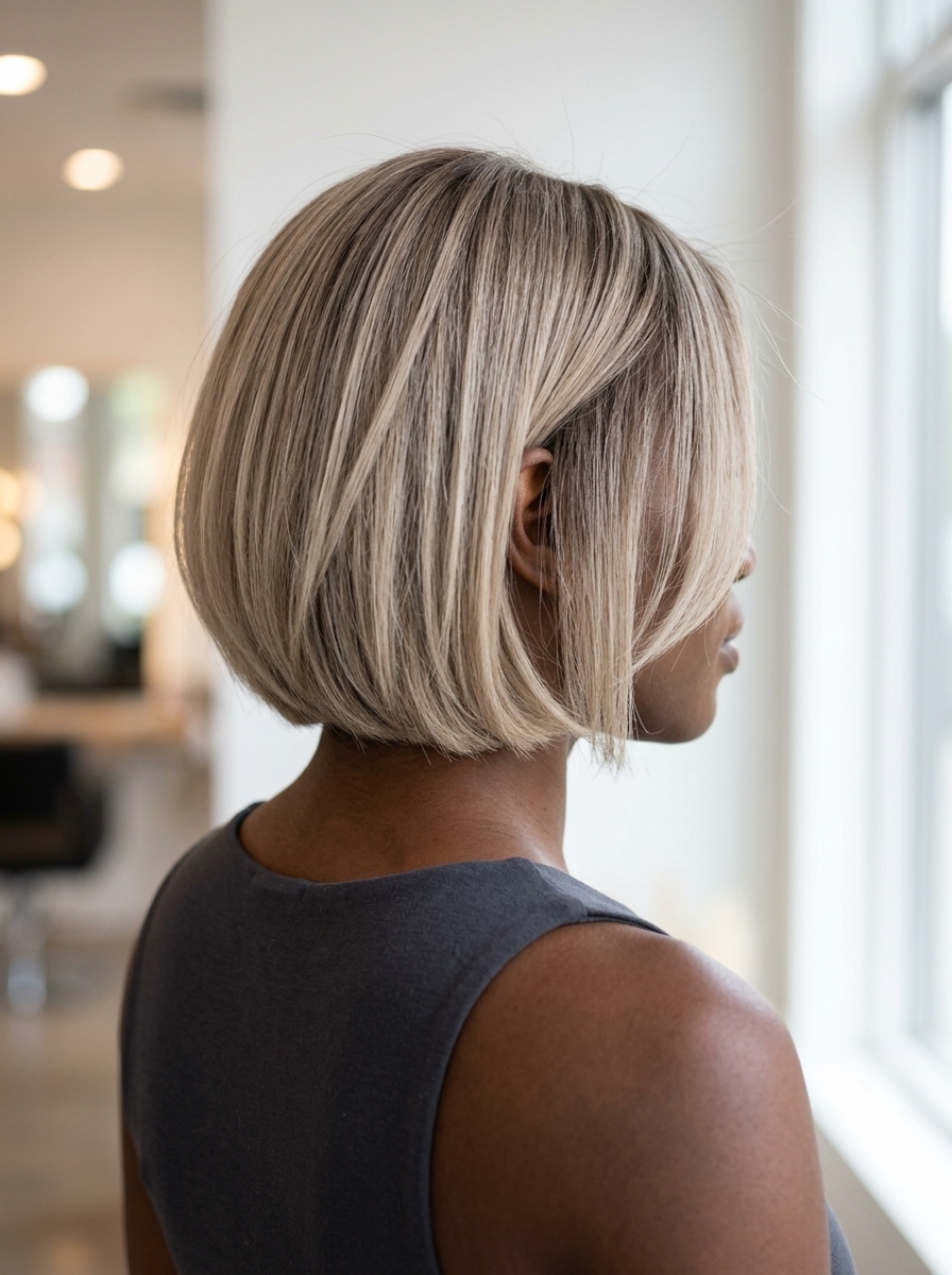chin-length bob haircut with linen blonde, ash brown root smudge and cream highlights for chic styles