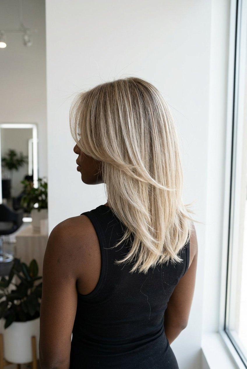 collarbone-length haircut with linen blonde & pearl babylights, razored face-framing layers, chic mood