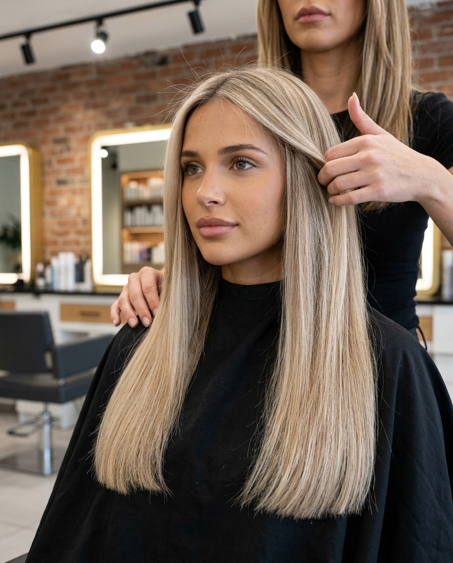 long blunt haircut in linen blonde with taupe lowlights and root smudge for summer