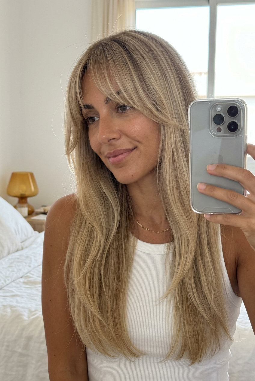 Birkin Bang Long Layers: Summer Hair Inspiration 2026 long layered haircut in linen blonde with babylights, Birkin fringe, no defined bangs — romantic daily wear