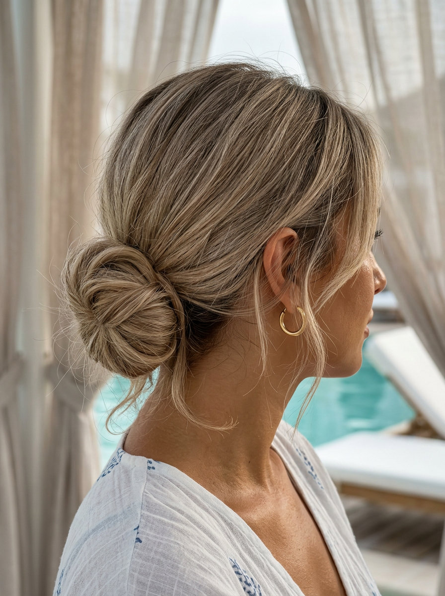 Messy Bun: Effortless Summer Vacation Hairstyle 2026 long linen blonde messy bun with face-framing pieces and undone texture for summer vacation 2026