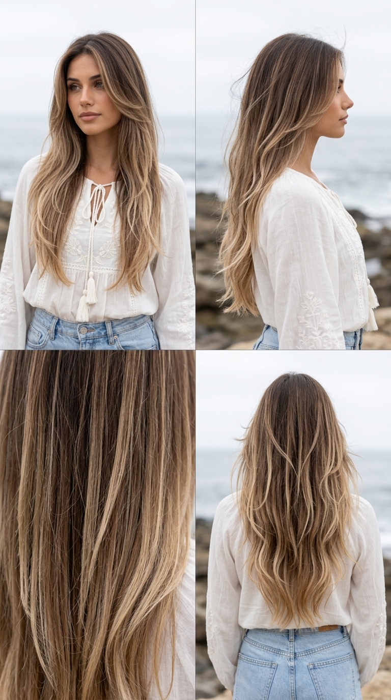 long ombré linen blonde haircut with caramel ribbons and face-framing layers for summer