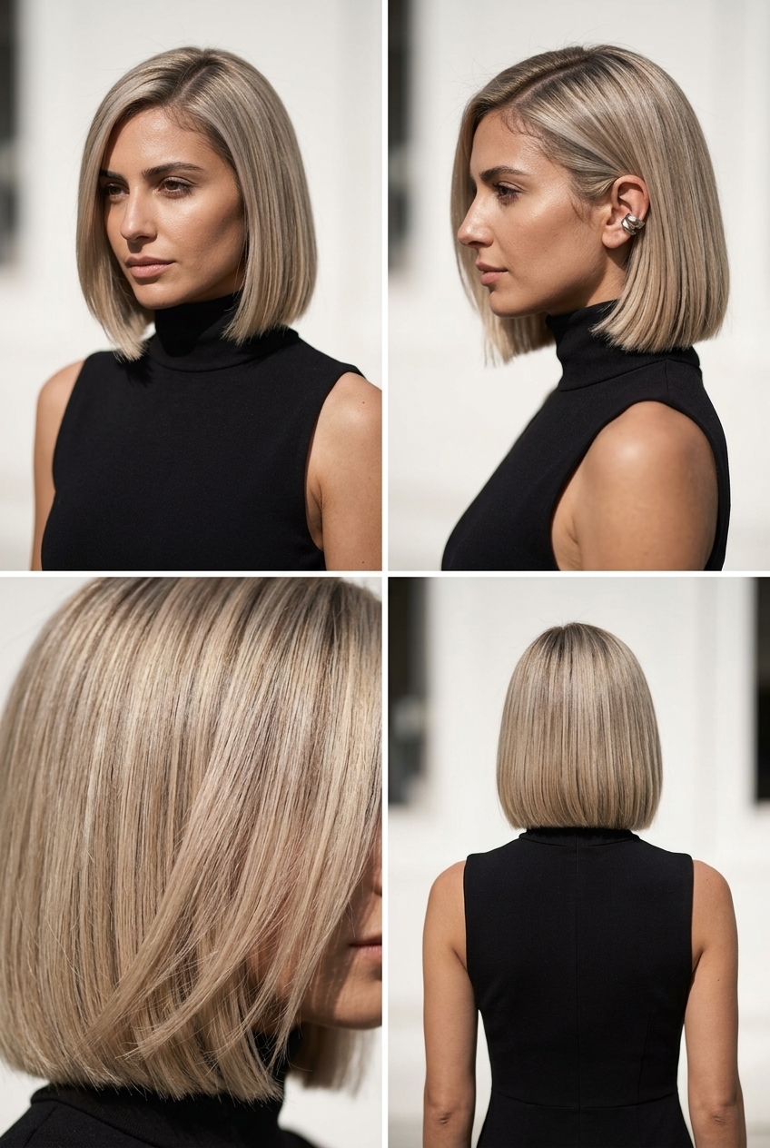 medium blunt cool linen blonde bob with ash babylights and deep side part for summer