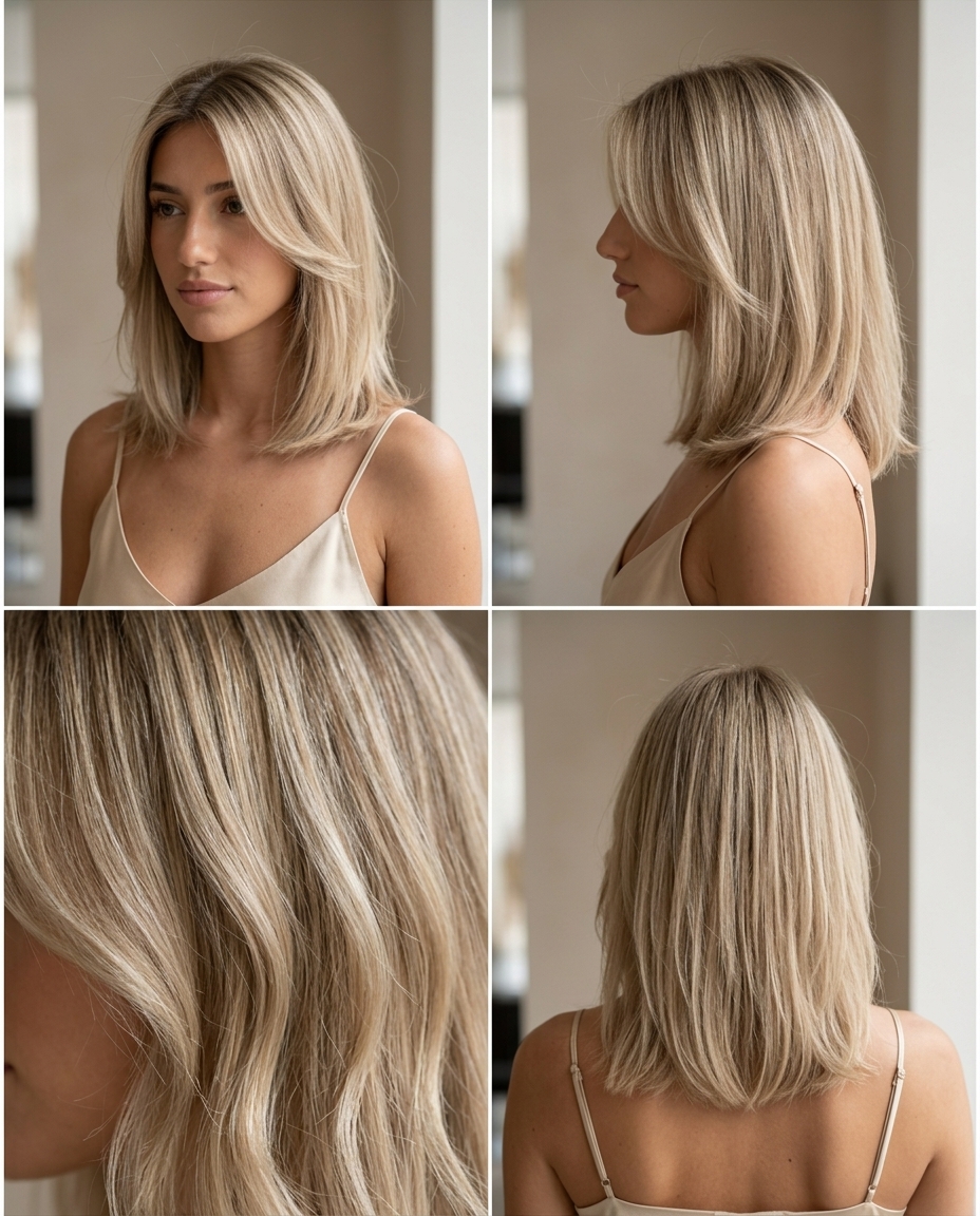 medium layered haircut with linen blonde, neutral root smudge, and face-framing pieces for daily wear