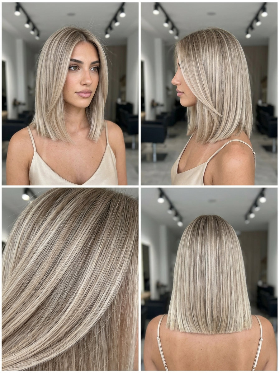 medium blunt lob haircut in linen blonde with root smudge, sharp ends — sophisticated minimalist professional