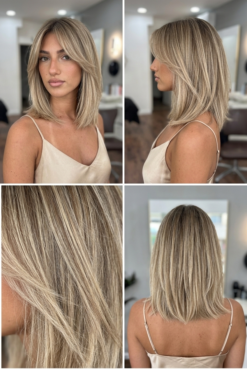 medium lob haircut in linen blonde with beige babylights for weekend casual