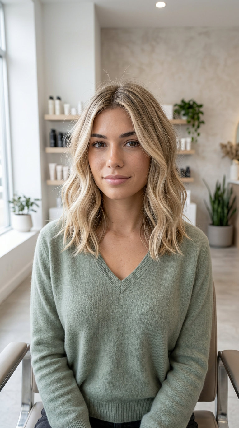 medium linen blonde lob with neutral beige blonde and micro-babylights for effortless chic