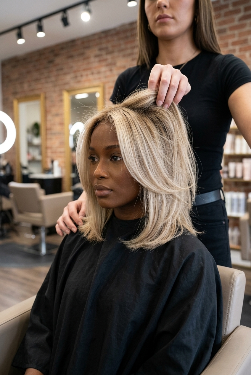 medium tousled lob haircut in linen blonde with soft root smudge, face-framing pieces — effortless bohemian beach vacation
