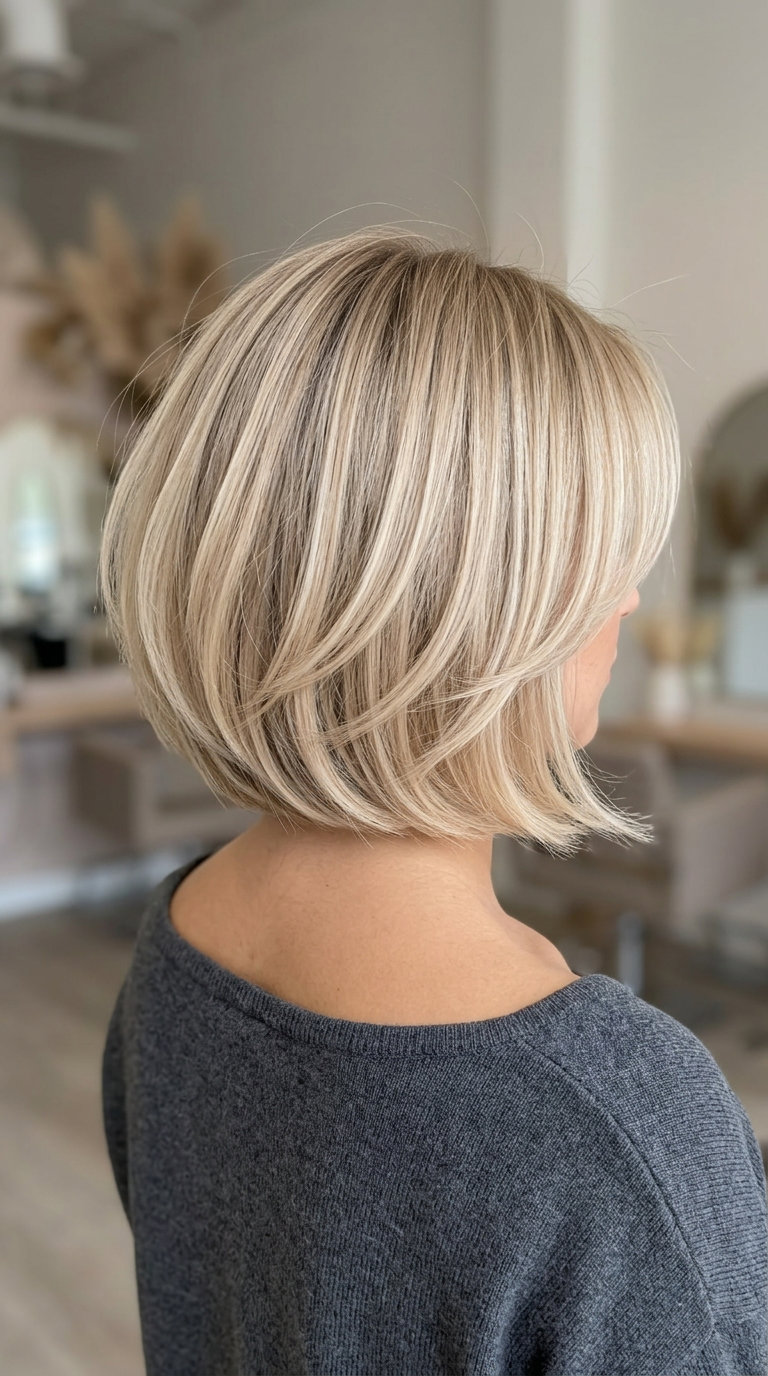 short soft bob haircut with linen blonde, sand roots, and face-framing layers for beach vacation