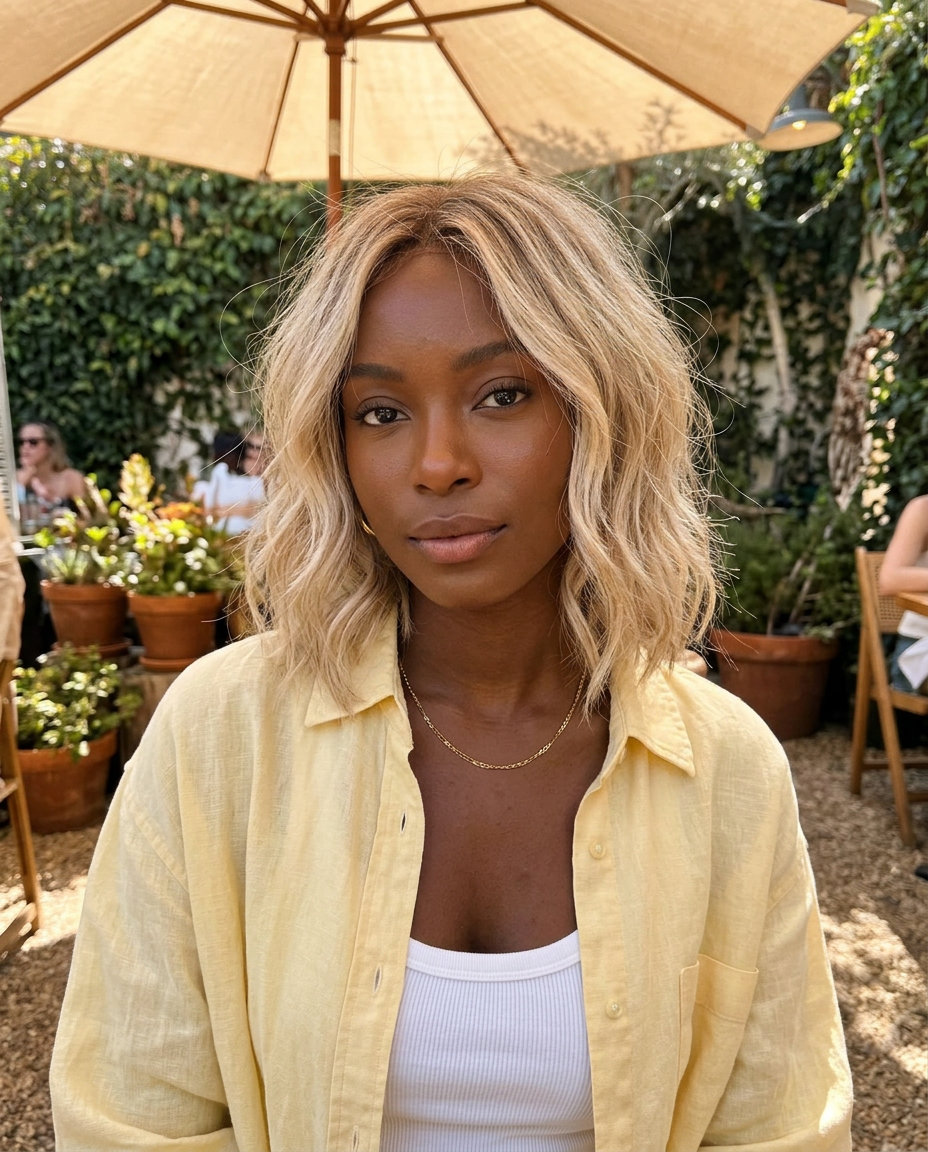 shoulder-length linen blonde lob with ash root shadow and textured waves for summer