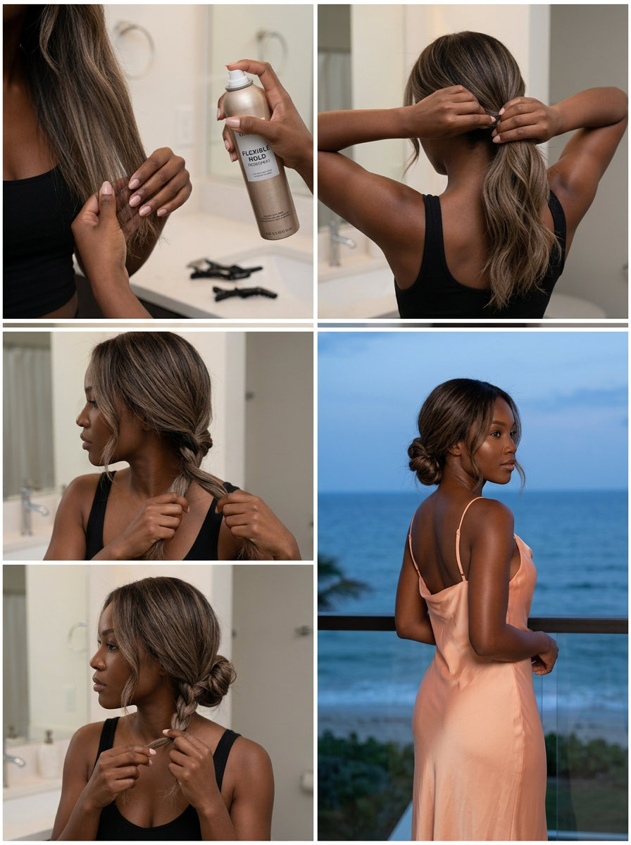 long twisted low bun with linen brown and ash beige highlights, face-framing pieces, romantic chic style