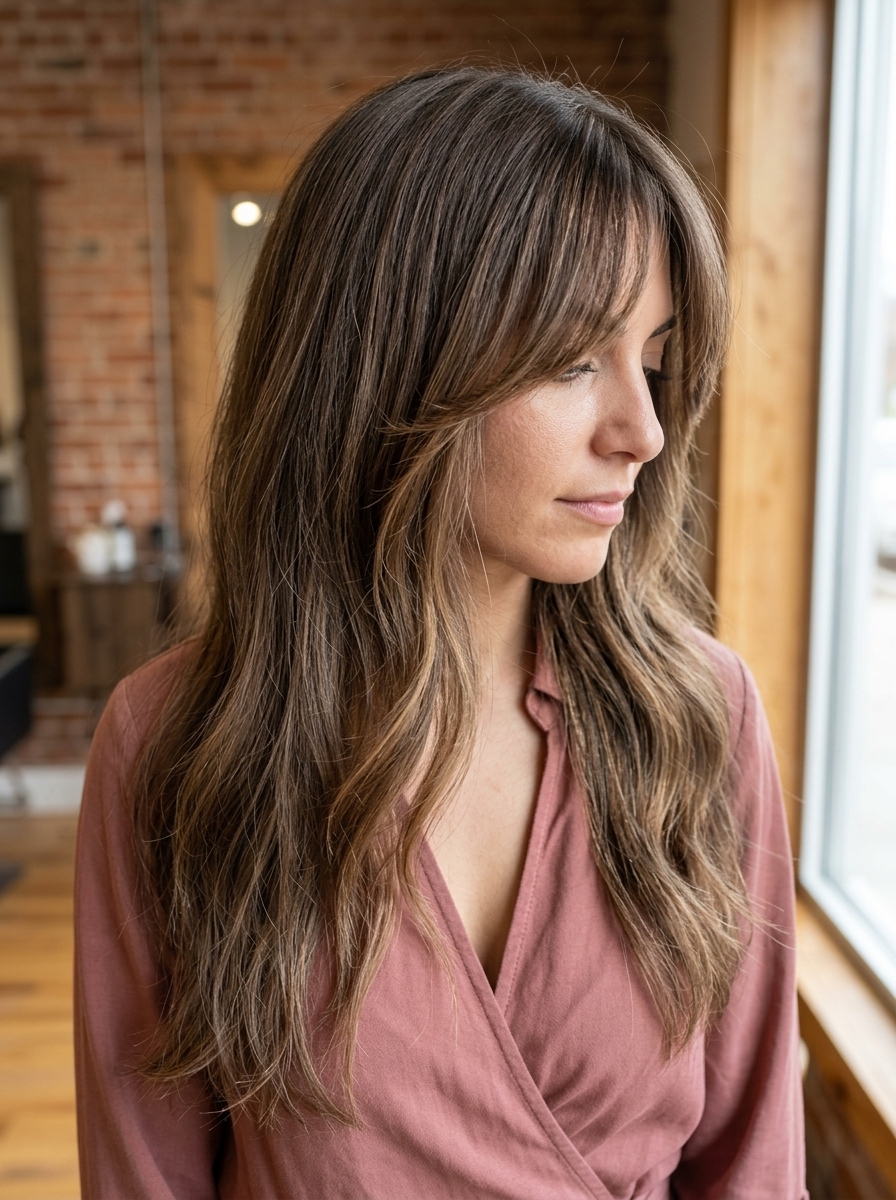 Romantic Linen Brown Long Haircut with Bardot Bangs 2026 long layered haircut with linen brown and mushroom lowlights, bardot bangs — romantic glamorous