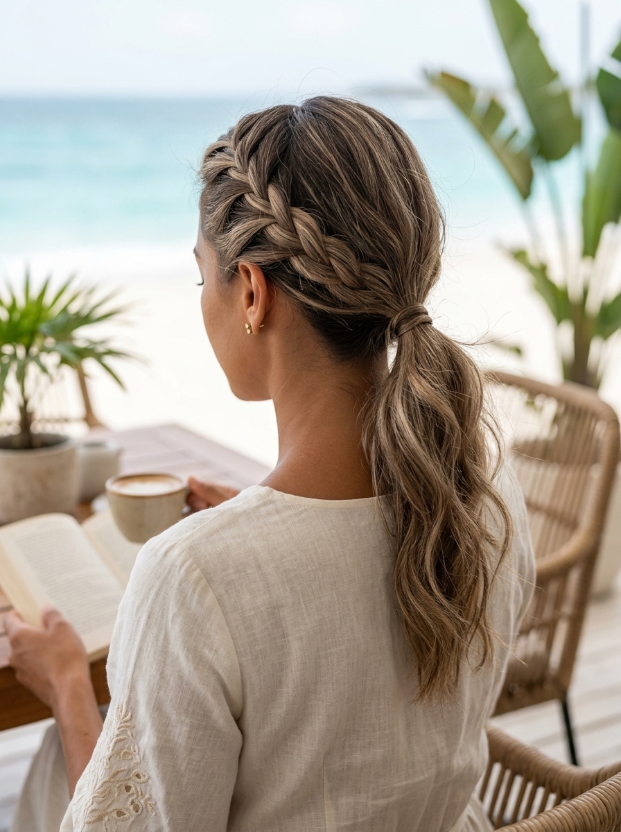 medium linen brown braided detail low ponytail with ash beige highlights, sophisticated for office