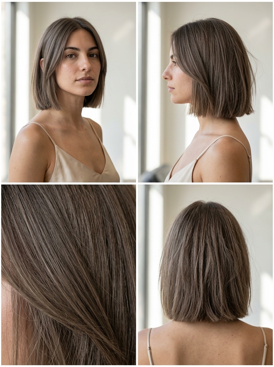 short Nirvana cut with linen brown, blunt perimeter, face-framing pieces — edgy retro vibe