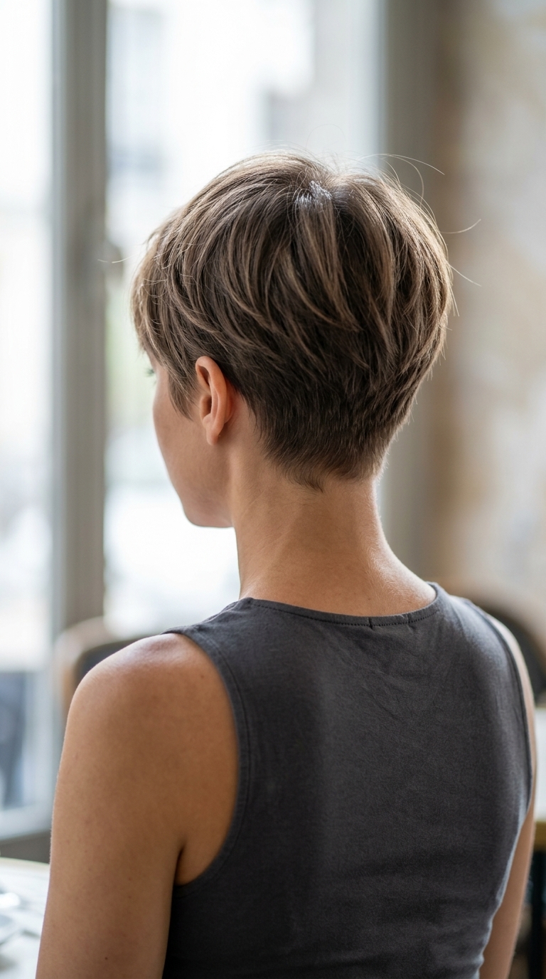 short crop pixie haircut in Linen Brown with tapered sides and feathered edges for daily wear
