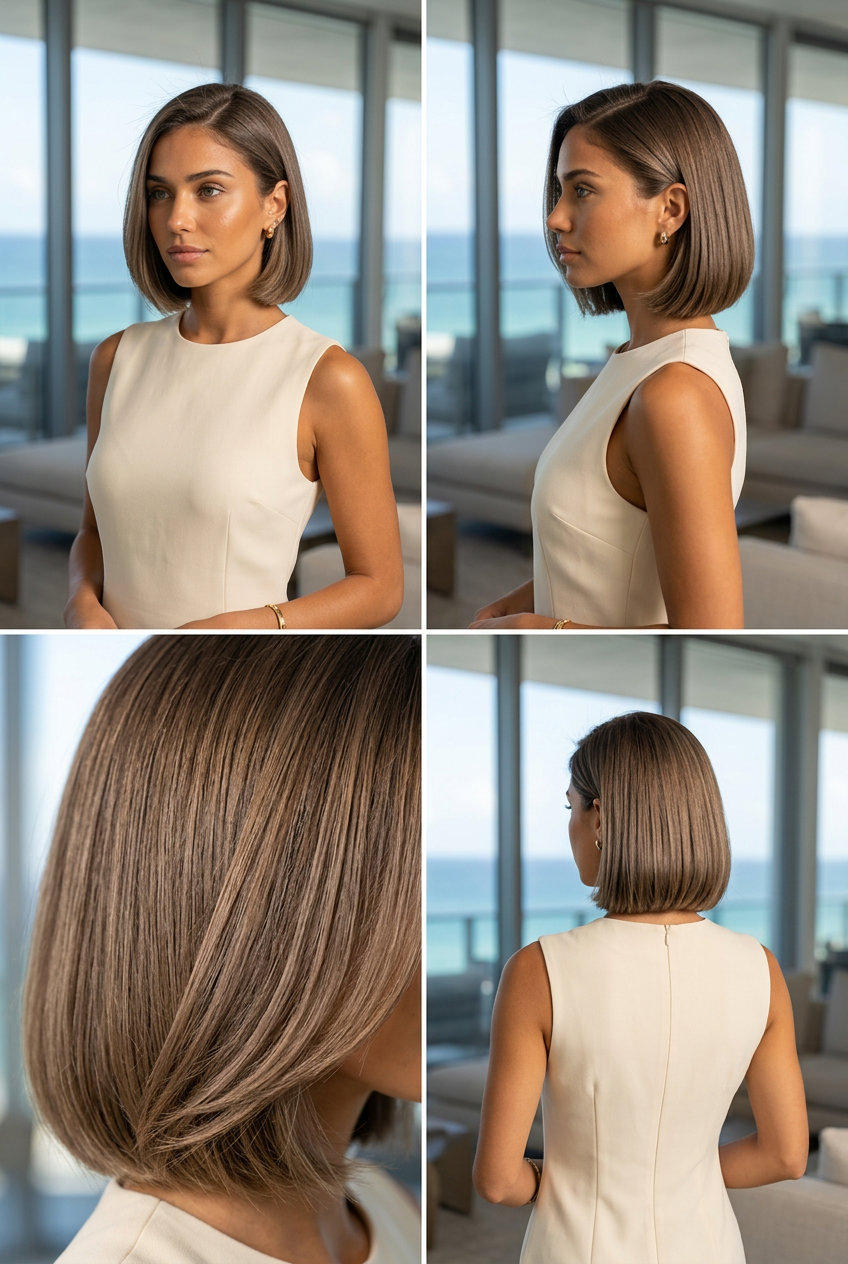 short tucked bob with linen brown and cool beige ash brunette tones, sharp side part for summer