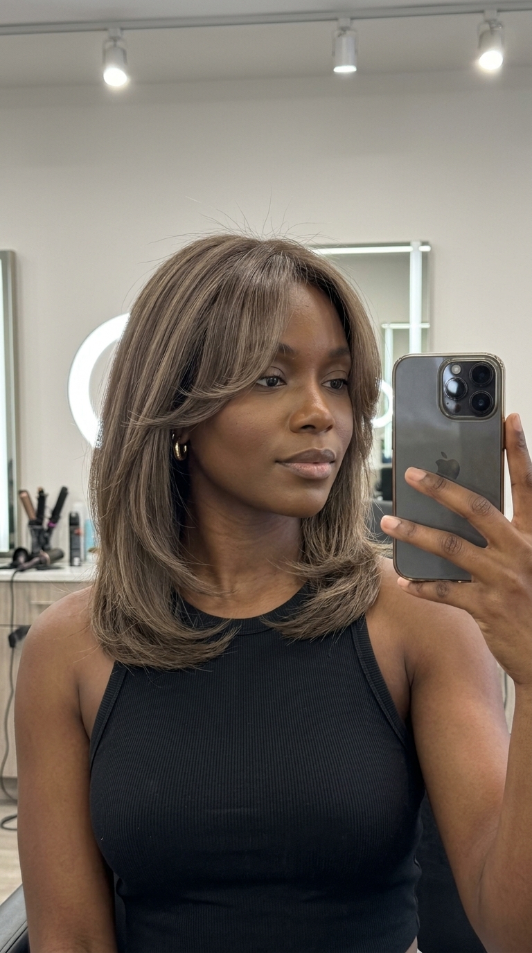 Sculpted Summer Curve 2026 medium linen brunette haircut with ash beige highlights and curtain bangs for summer