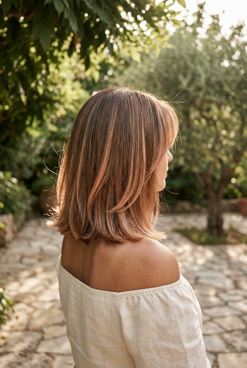Soft Layered Lob with Curtain Bangs 2026 shoulder-length lob with curtain bangs and soft layers for summer