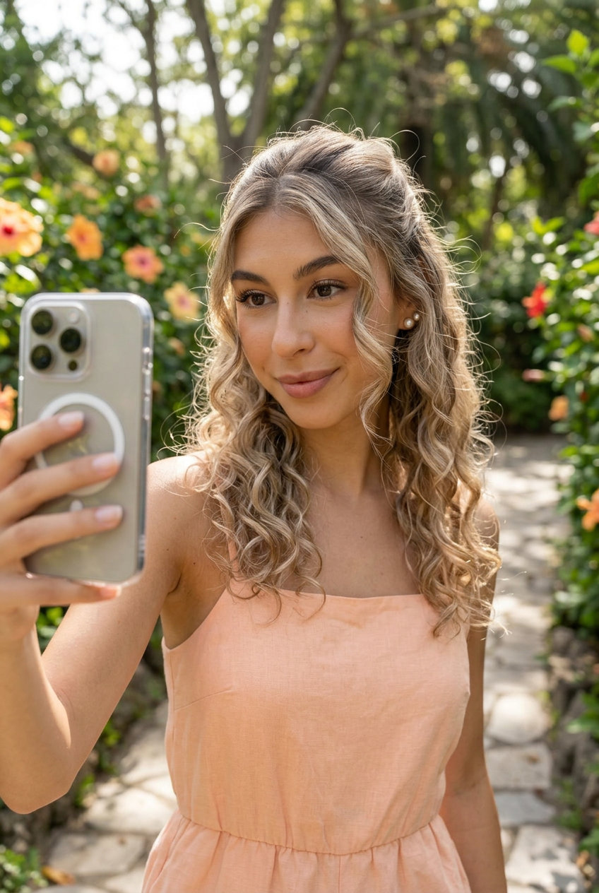 long linen blonde heatless curls with beige tones and ash brown roots in a half-up style for brunch