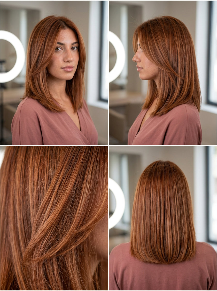 shoulder-length textured lob in lived-in copper auburn with sandy undertones — playful effortless natural