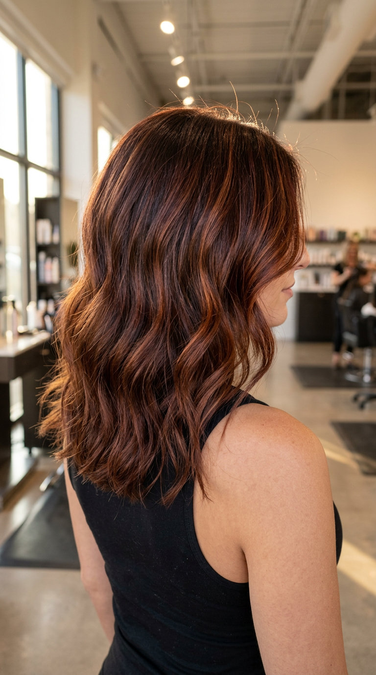 long mahogany brown hair color with auburn highlights, balayage, sophisticated warm rich
