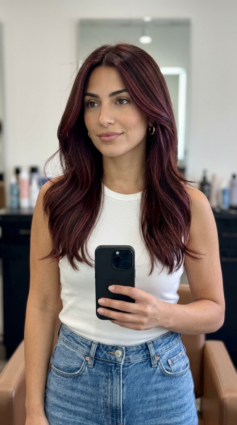 Mahogany Balayage 2026: Luxurious Summer Hair long sleek mahogany red-violet balayage with chocolate brown base, hand-painted technique for summer 2026