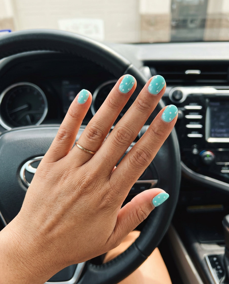 Aqua Creamy Dots Short Nails for summer 2026: bright aqua with playful white or yellow dots.