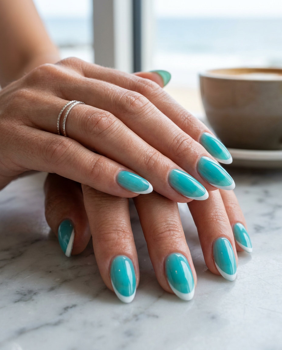 Aqua Jelly Micro French Tip nails for summer 2026 vacation. Fun manicure colors.