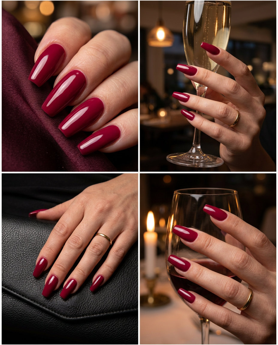 Juicy berry red glossy coffin nails for summer 2026 date nights. Sultry, bold, confident.