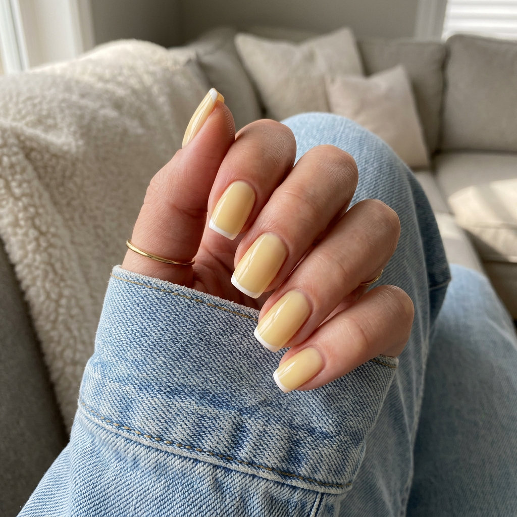 Butter yellow micro French squoval nails for summer 2026 brunch. Playful, fresh, chic.