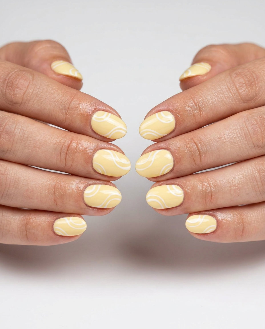 Sunny Swirls Delight Short Oval nails for summer 2026: creamy butter yellow with white swirls.