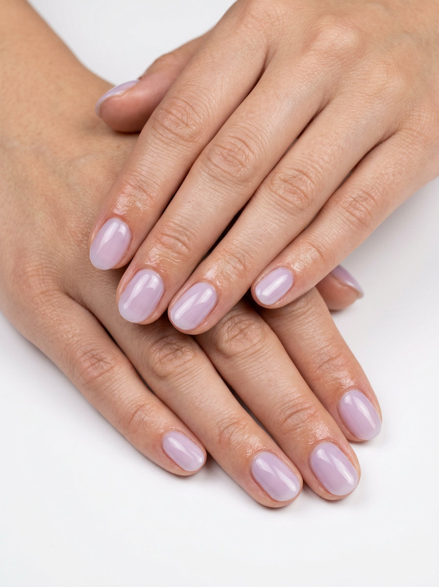 Milky Lavender Glass Skin Short Oval nails for summer 2026: sheer milky lavender with high-shine clear finish.