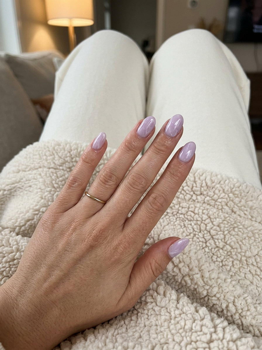 Milky lilac marble effect oval nails for summer 2026 weddings. Romantic, sophisticated.