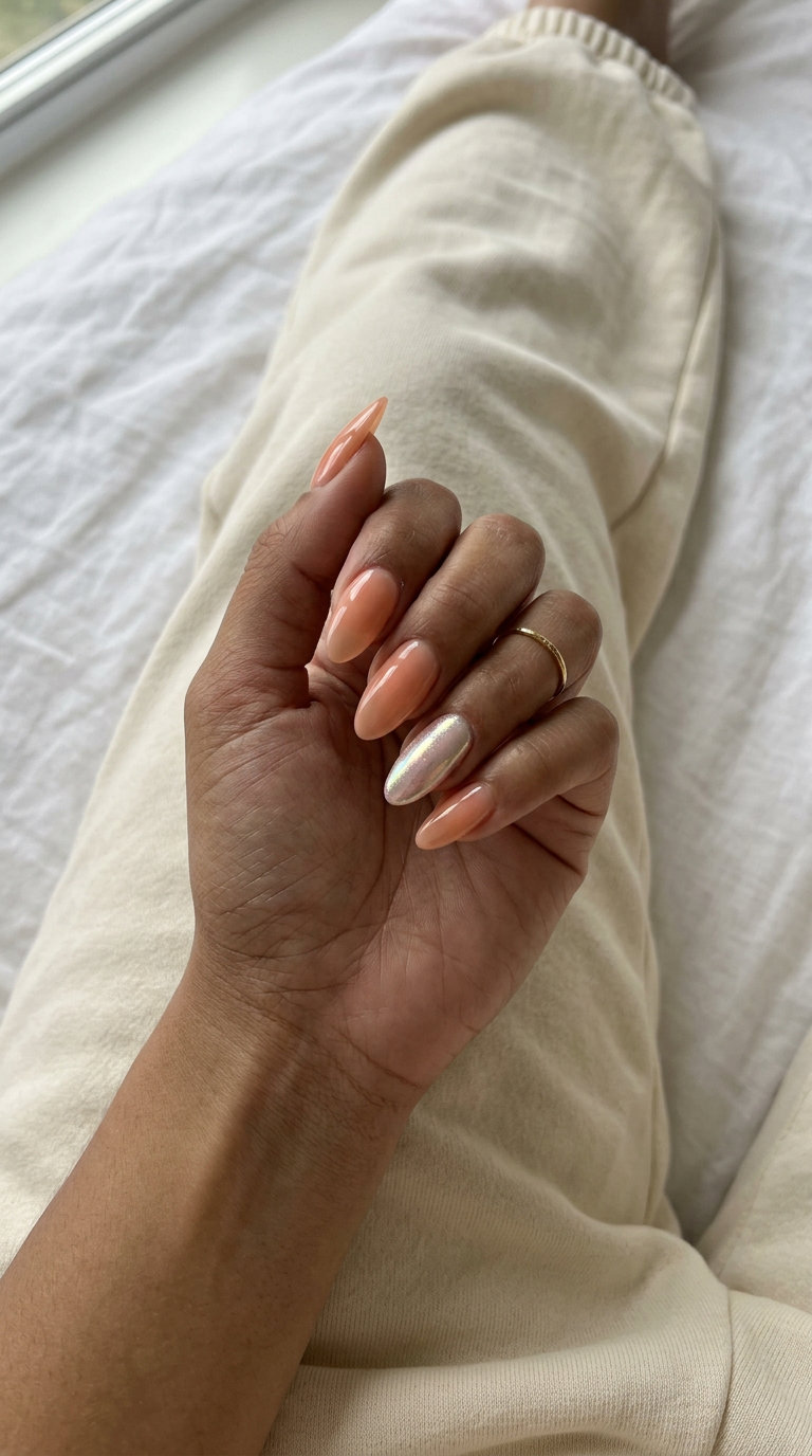 Sheer peach chrome accent nails for summer 2026 parties. Glamorous, modern chic nail art.