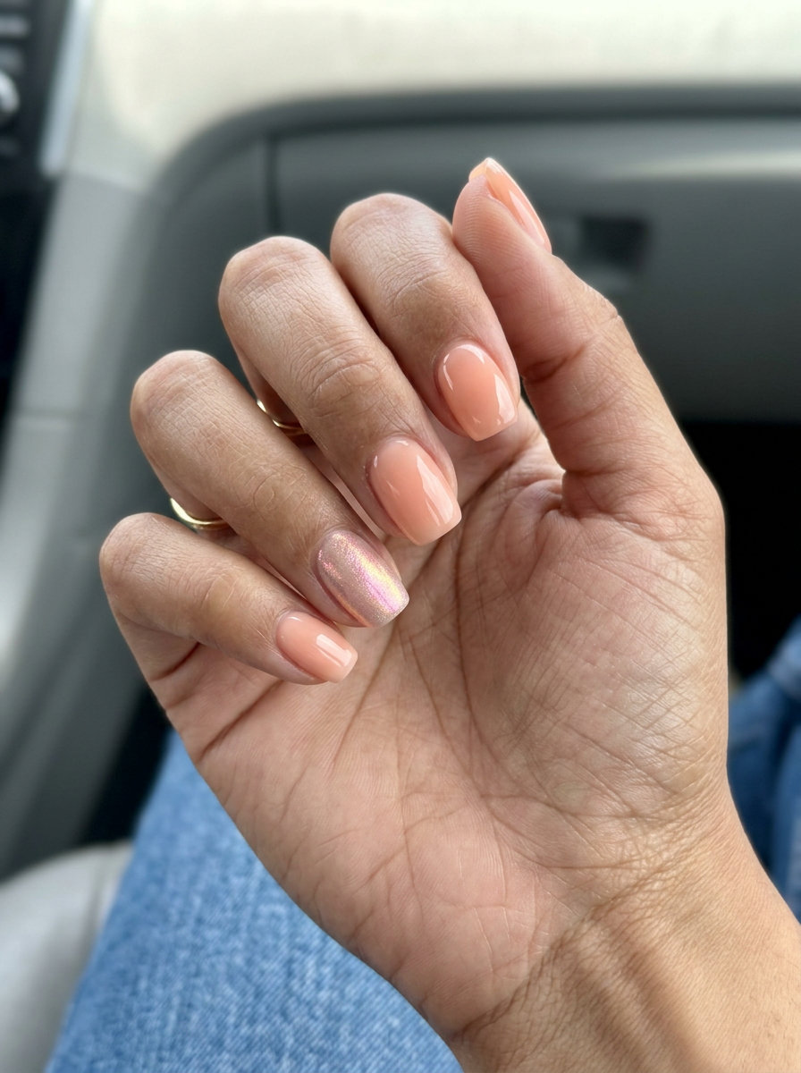 Subtle Peach Chrome Accent Squoval nails for summer 2026: sheer peach with pink-gold chrome dust.