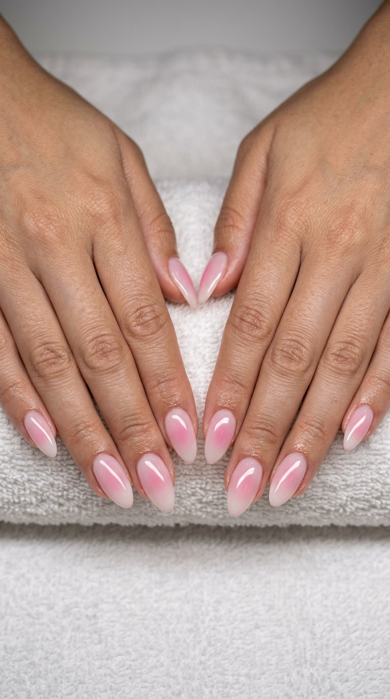 Pink Aura Glow Almond nails for summer 2026 weddings. Romantic manicure colors.
