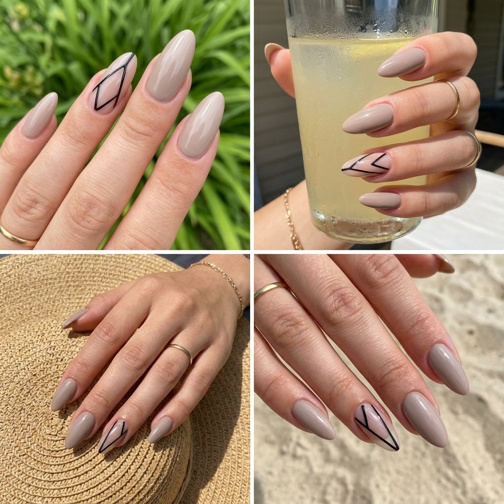 Minimalist Taupe Geometry Almond nails for summer 2026 work. Sophisticated manicure colors.