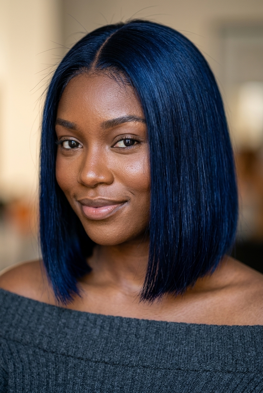 short blunt bob in midnight blue with high-gloss finish, razor-cut perimeter for summer